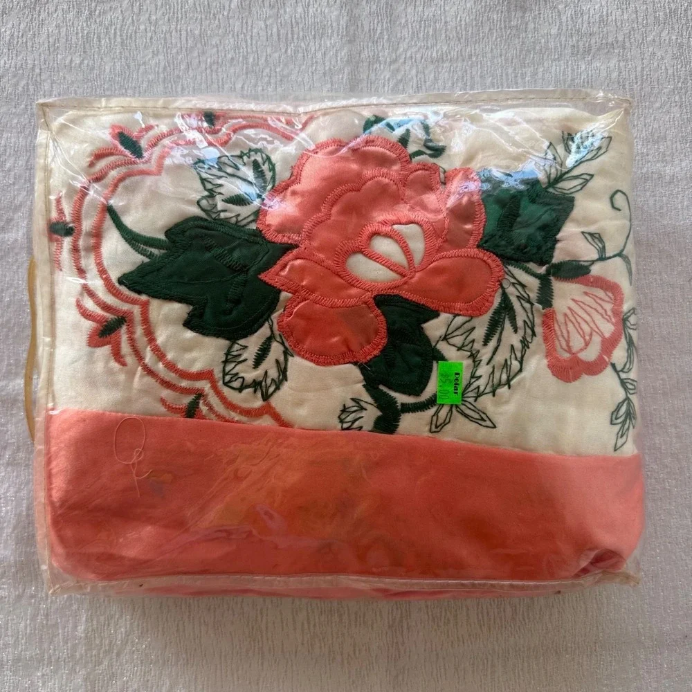 Vintage Peach Ecru Satin Embroidered Curtain Set Festoon Floral 48x95 NOS Farm‎